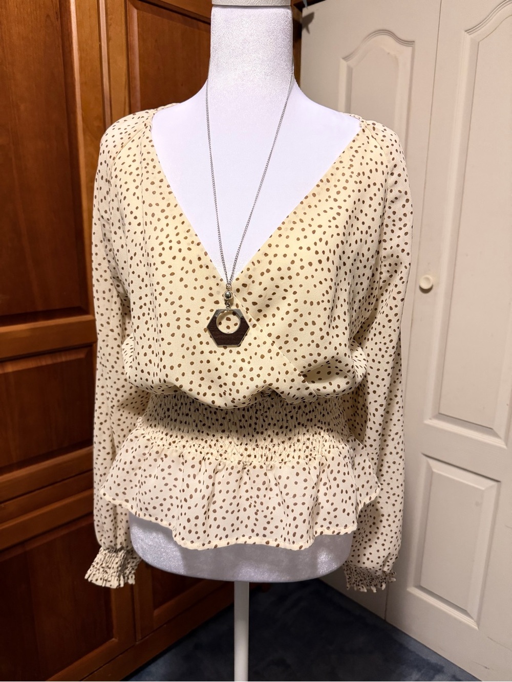 Japna Cream Polka Dot V-Neck Smocked Waist Blouse